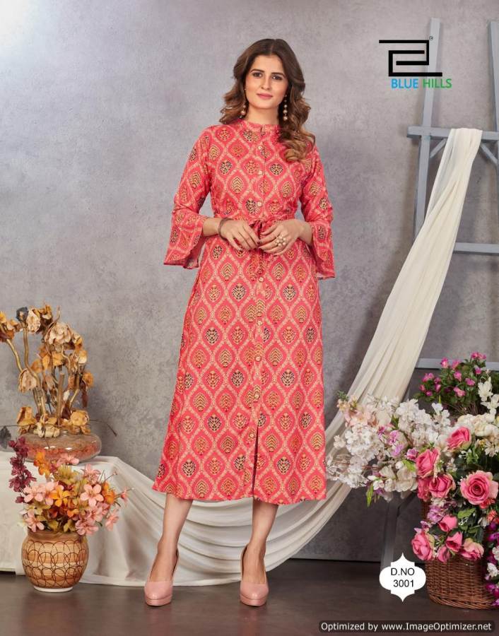 Blue Hills Belt 3 Fancy Party Wear Printed Rayon Designer Long Kurti Collection